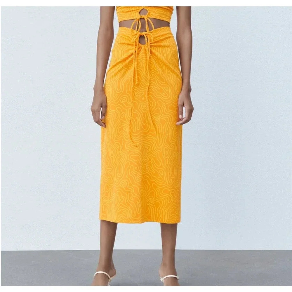Zara Women's Size Large Yellow Printed Tie Waist Midi Skirt NWT